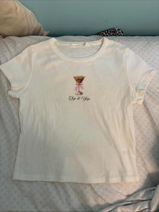 Altar'd State Tops - Altar'd State White Tee with Pink Bow & Gold Martini Graphic